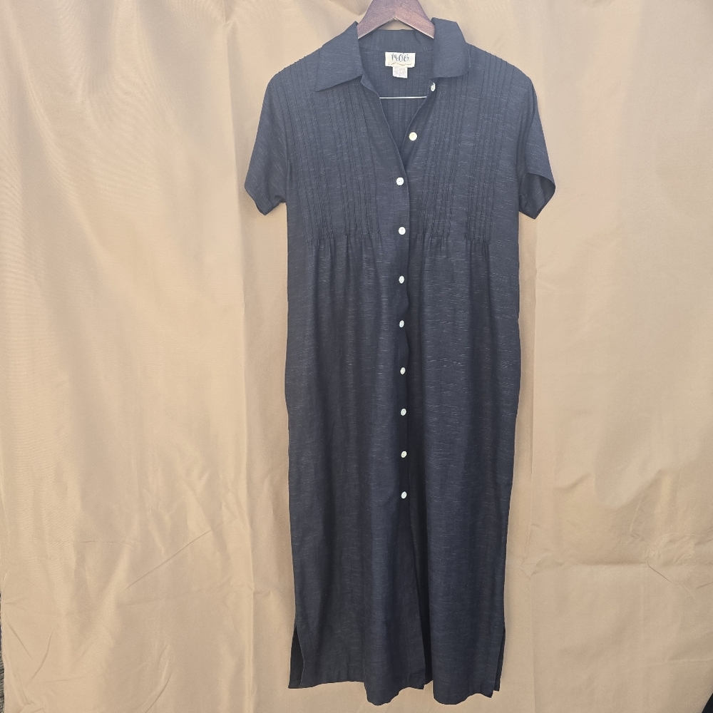 M.O.C. Black Button Front Maxi Dress Pintuck Pleats Rayon Cotton Size S